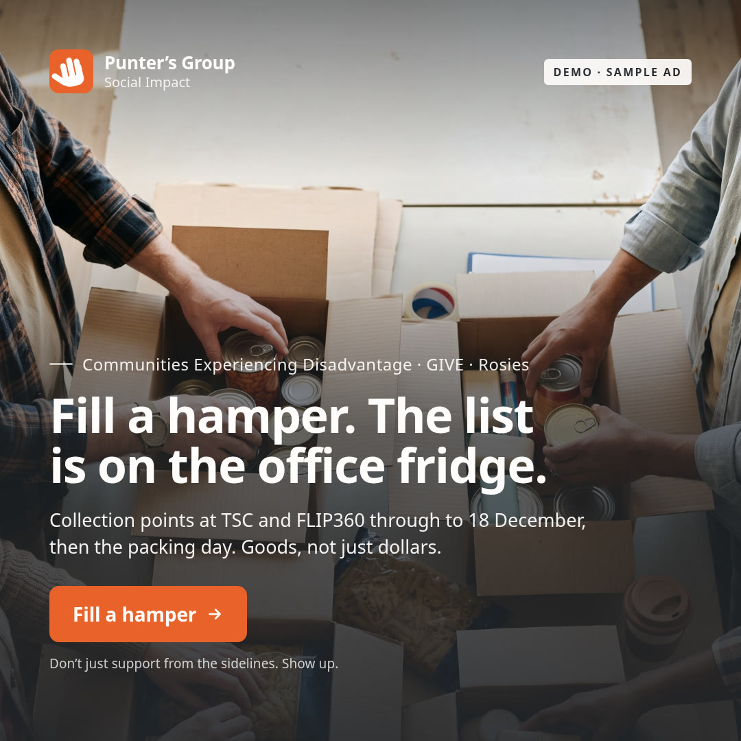 Fill a hamper. The list is on the office fridge.